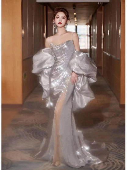 Sparkly Mermaid Spaghetti Strap Sliver Sequin With Cape Split Long Evening Dresses Inspo Evening Outfits RB5170