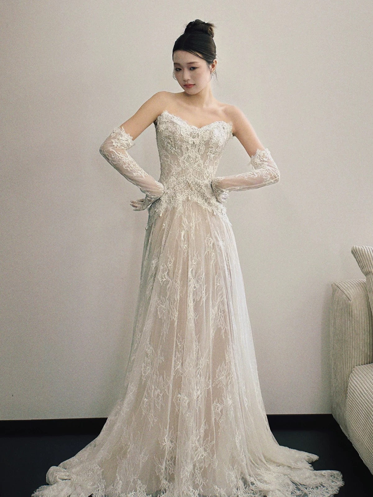Simple A Line Sweetehart With Scarf White Lace Brides Gown Bridal Dress Long Wedding Dresses RB5193