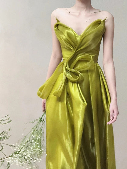 Unique Women's A line Sweetheart Green Organza Maxi Dress Date Night Outfits Outdoor Semi Formal Wedding Guest Dresses RB5171