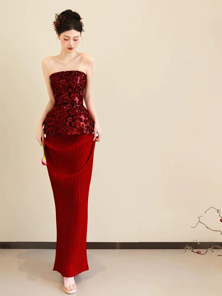 Sparkly Mermaid Strapless Burgundy Sequin With Scarf Long Evening Dresses Inspo Evening Outfits RB5173