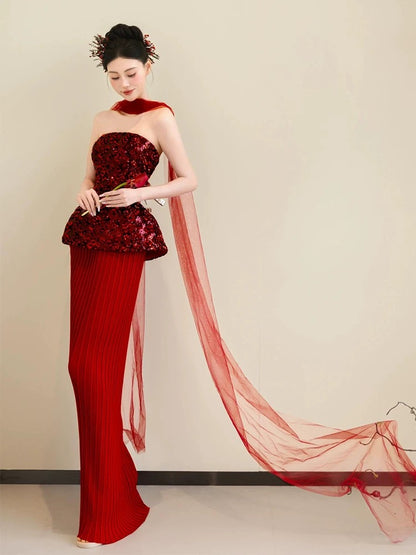 Sparkly Mermaid Strapless Burgundy Sequin With Scarf Long Evening Dresses Inspo Evening Outfits RB5173