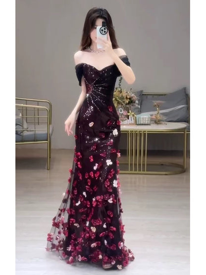 Unique Women's Mermaid Off The Shoulder Black With Flowers Maxi Dress Date Night Outfits Outdoor Semi Formal Prom Dresses RB5174