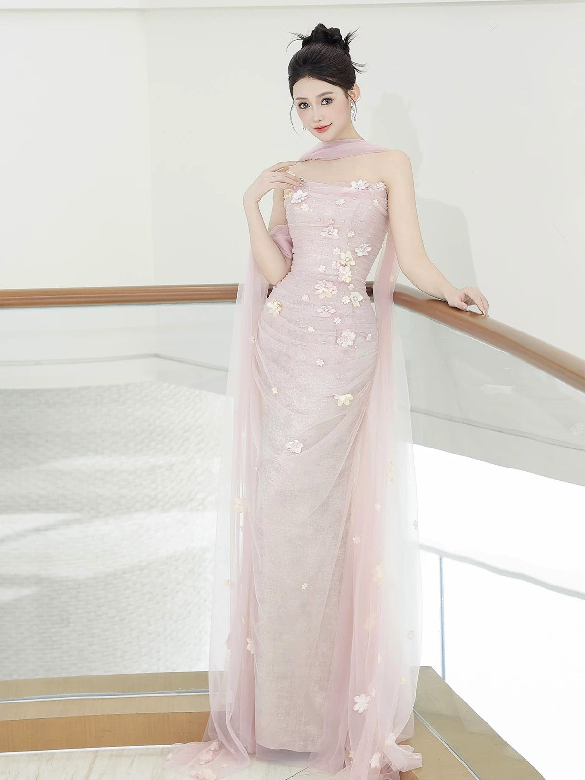 Sparkly Mermaid Strapless Pink Tulle With Scarf Long Prom Evening Dresses Inspo Evening Outfits RB5175