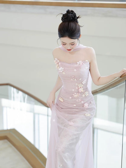 Sparkly Mermaid Strapless Pink Tulle With Scarf Long Prom Evening Dresses Inspo Evening Outfits RB5175