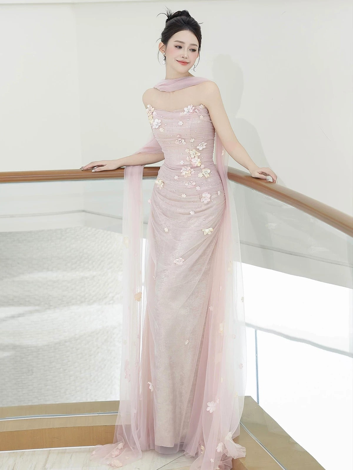 Sparkly Mermaid Strapless Pink Tulle With Scarf Long Prom Evening Dresses Inspo Evening Outfits RB5175