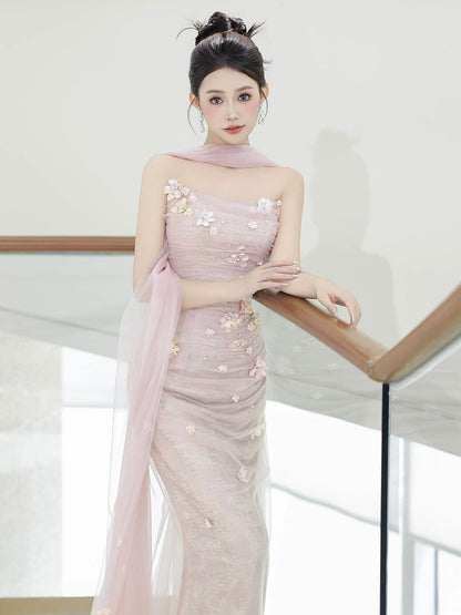 Sparkly Mermaid Strapless Pink Tulle With Scarf Long Prom Evening Dresses Inspo Evening Outfits RB5175