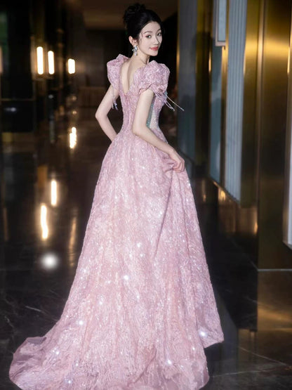 Sparkly A line V Neckline Pink Sequin With Beads Long Prom Evening Dresses Inspo Evening Outfits RB5176