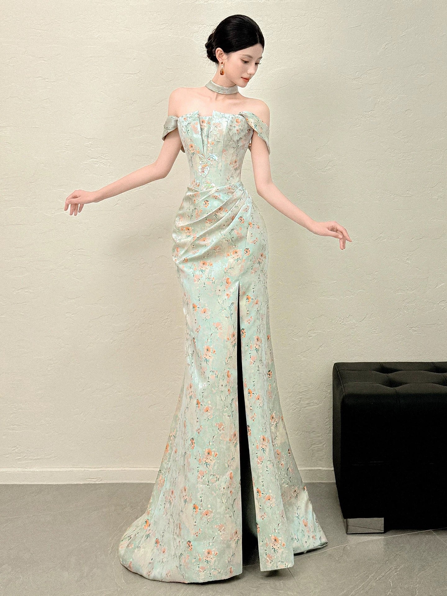 Modest Mermaid Off The Shoulder Green Floral Satin Long Evening Dresses Ideas Evening Outfits RB5177