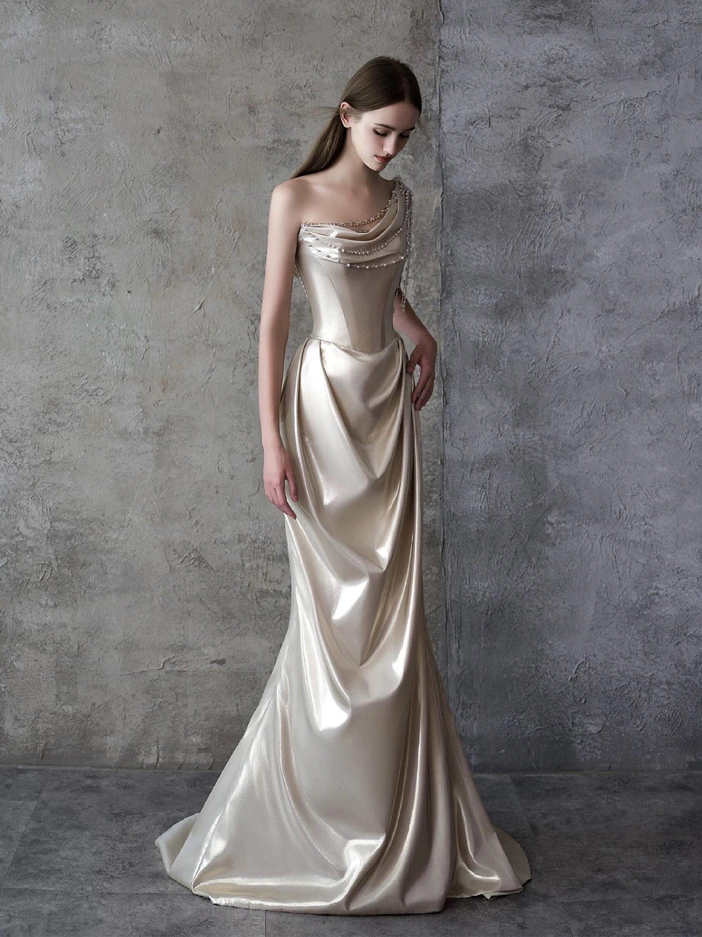Modest Mermaid One Shoulder Champagne Ruffled Satin Long Evening Dresses Ideas Evening Outfits RB5178