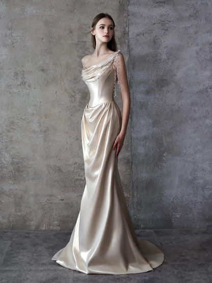 Modest Mermaid One Shoulder Champagne Ruffled Satin Long Evening Dresses Ideas Evening Outfits RB5178