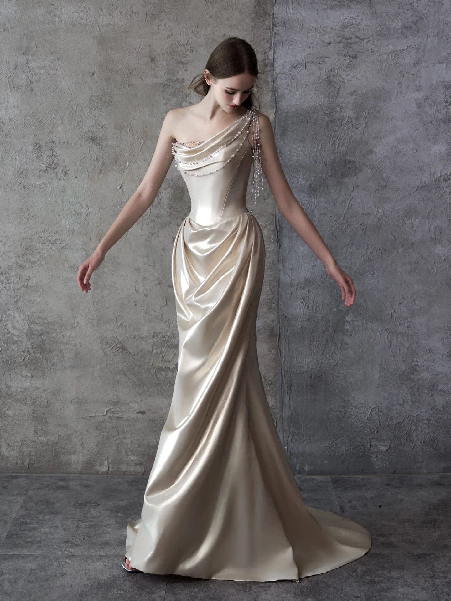 Modest Mermaid One Shoulder Champagne Ruffled Satin Long Evening Dresses Ideas Evening Outfits RB5178