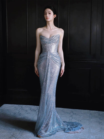 Sparkly Mermaid Sweetheart Silver Sequin With Ruffled Long Prom Evening Dresses Inspo Evening Outfits RB5179