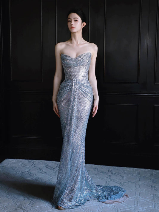 Sparkly Mermaid Sweetheart Silver Sequin With Ruffled Long Prom Evening Dresses Inspo Evening Outfits RB5179