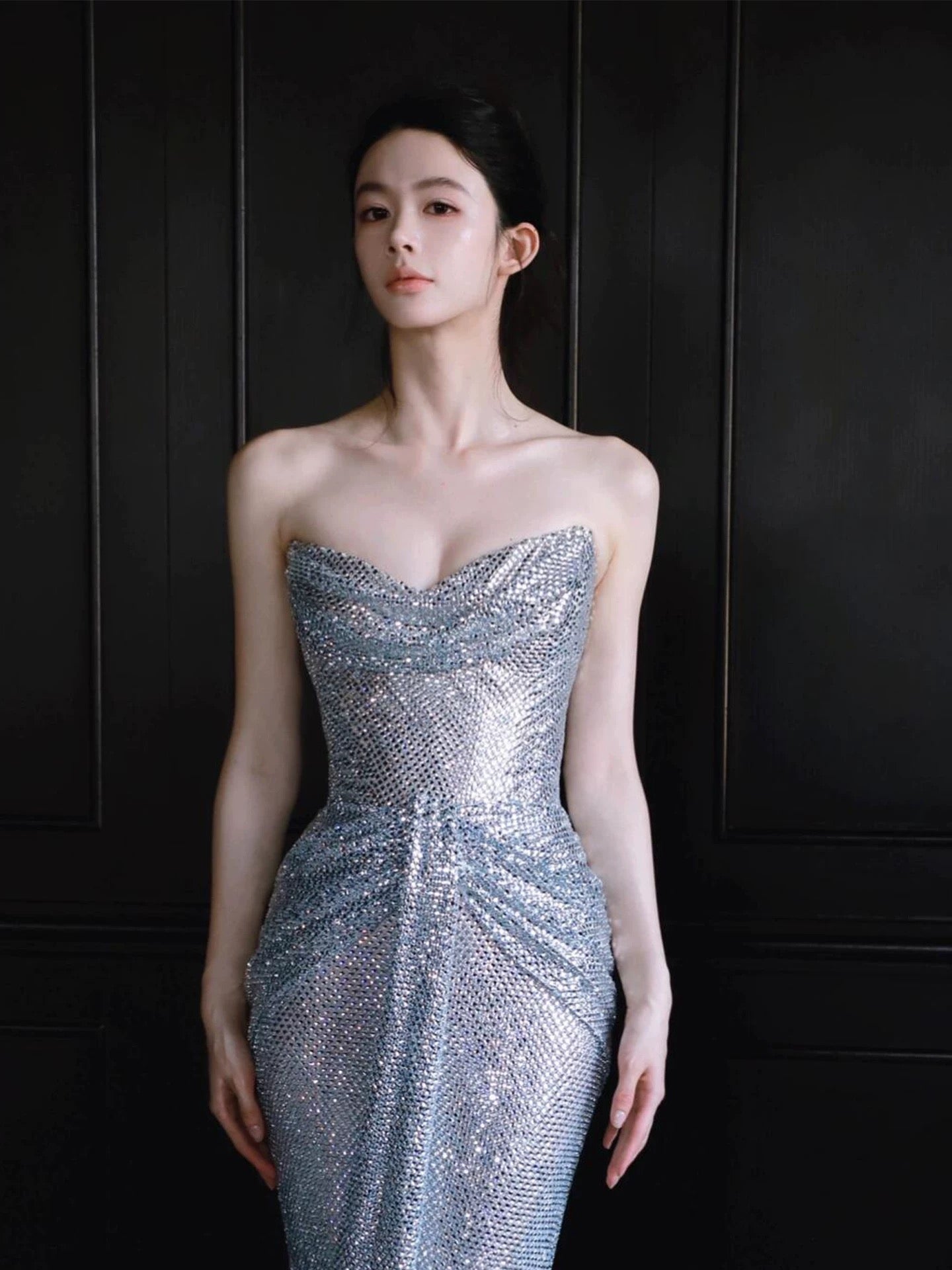 Sparkly Mermaid Sweetheart Silver Sequin With Ruffled Long Prom Evening Dresses Inspo Evening Outfits RB5179