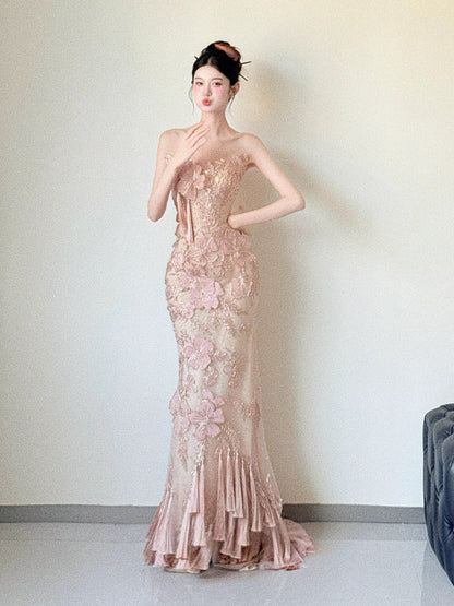Sparkly Mermaid Strapless Pink Sequin With Flowers Long Prom Evening Dresses Inspo Evening Outfits RB5180
