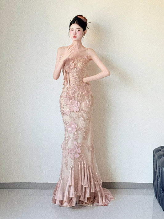 Sparkly Mermaid Strapless Pink Sequin With Flowers Long Prom Evening Dresses Inspo Evening Outfits RB5180