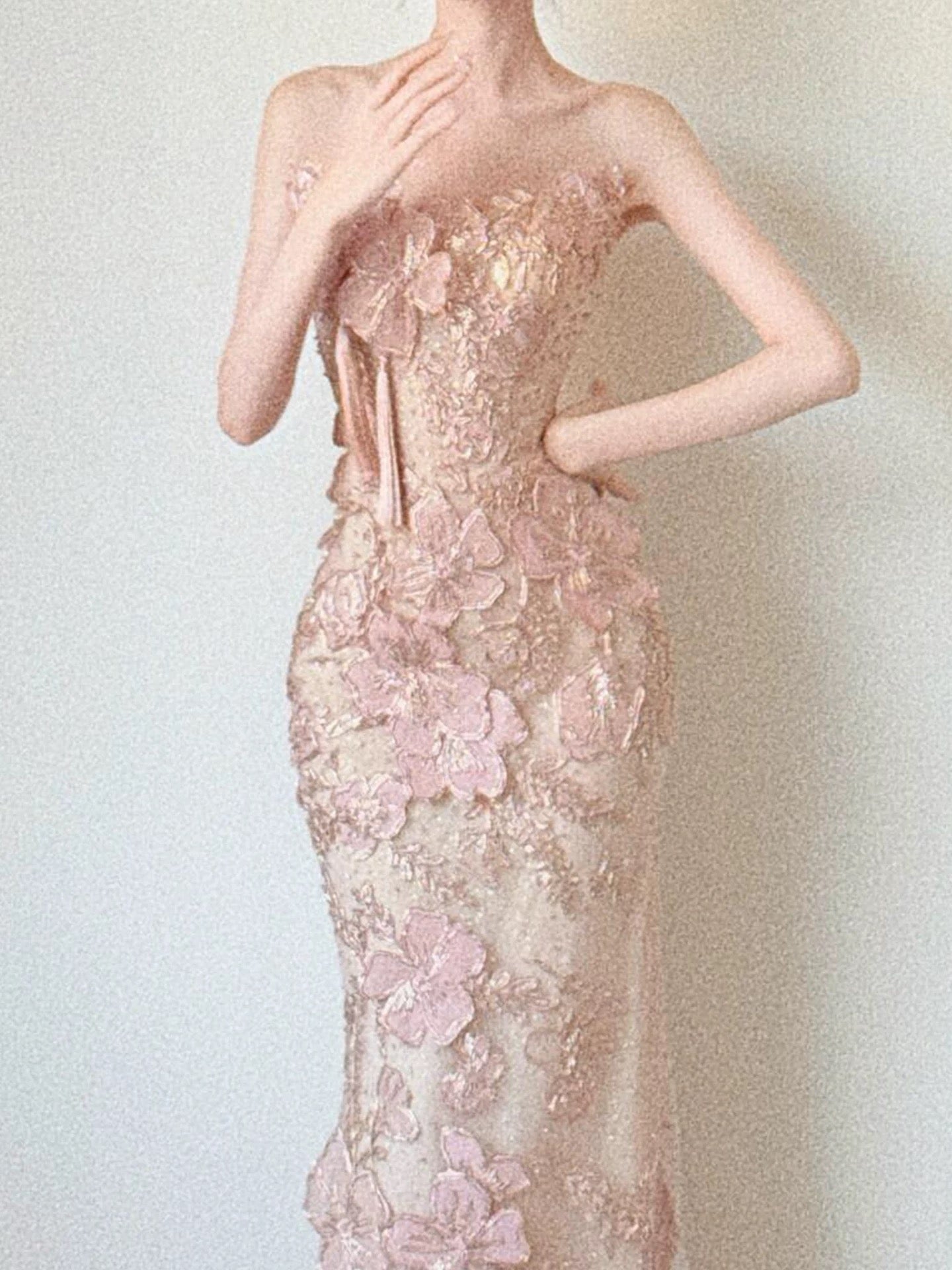 Sparkly Mermaid Strapless Pink Sequin With Flowers Long Prom Evening Dresses Inspo Evening Outfits RB5180