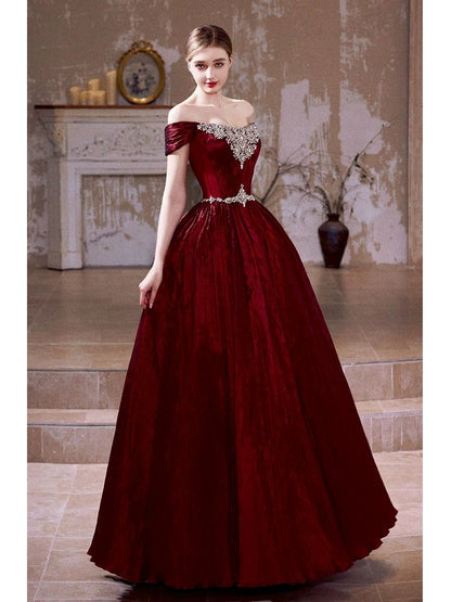 Unique Women's Ball Gown Off The Shoulder Burgundy Maxi Dress Date Night Outfits Semi Formal Prom Dresses RB5181