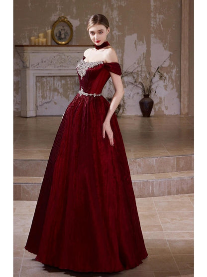 Unique Women's Ball Gown Off The Shoulder Burgundy Maxi Dress Date Night Outfits Semi Formal Prom Dresses RB5181