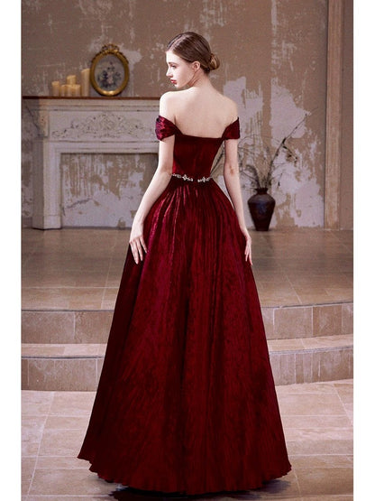 Unique Women's Ball Gown Off The Shoulder Burgundy Maxi Dress Date Night Outfits Semi Formal Prom Dresses RB5181