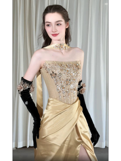 Sparkly Mermaid Strapless Gold Satin With High Split Long Date Night Evening Outfit Formal Prom Dresses RB5343