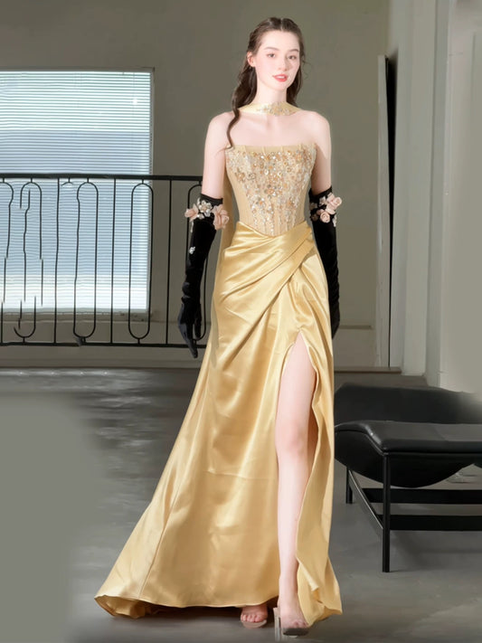 Sparkly Mermaid Strapless Gold Satin With High Split Long Date Night Evening Outfit Formal Prom Dresses RB5343