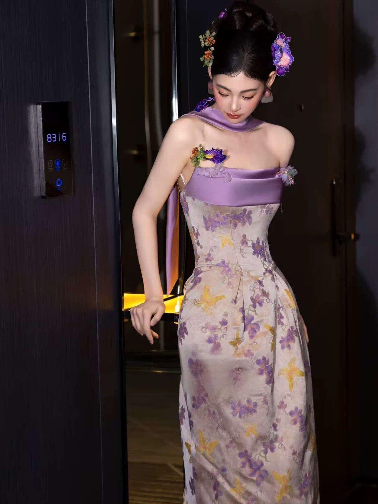 Unique Mermaid Strapless Lilac Satin With Scarf Date Night Outfits Semi Formal Prom Wedding Guest Dresses RB5344