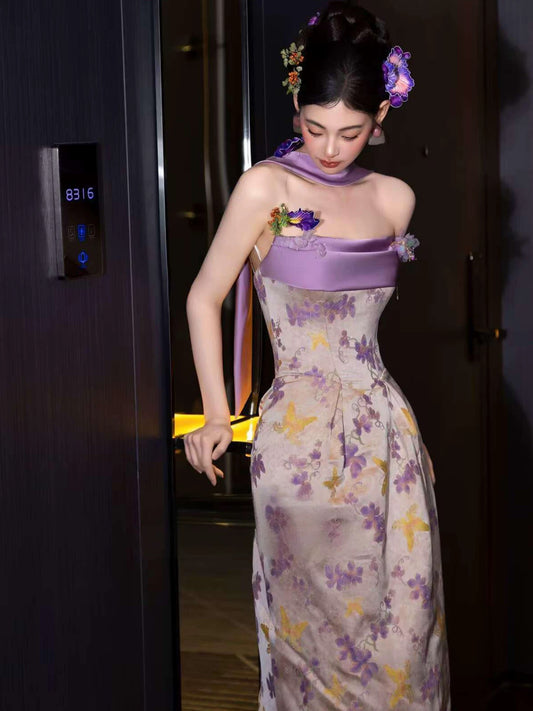 Unique Mermaid Strapless Lilac Satin With Scarf Date Night Outfits Semi Formal Prom Wedding Guest Dresses RB5344