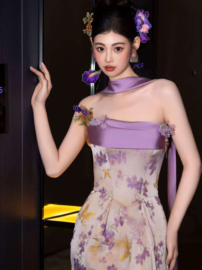 Unique Mermaid Strapless Lilac Satin With Scarf Date Night Outfits Semi Formal Prom Wedding Guest Dresses RB5344