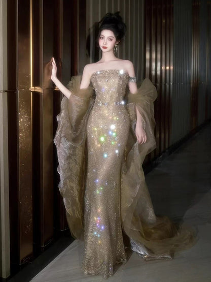 Beautiful Mermaid Strapless Champagne Sequin With Cape Date Night Outfits Semi Formal Prom Gown Evening Dresses RB5345