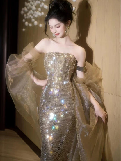 Beautiful Mermaid Strapless Champagne Sequin With Cape Date Night Outfits Semi Formal Prom Gown Evening Dresses RB5345