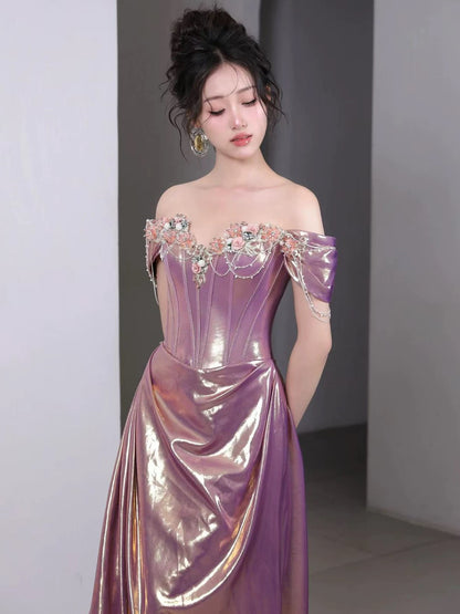 Princess Mermaid Off The Shoulder Lilac With Beads Date Night Evening Outfit Formal Prom Dresses RB5346