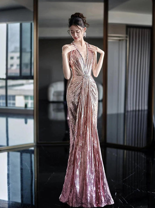 Unique Mermaid Halter Pink Sequin With Beads Date Night Outfits Semi Formal Prom Wedding Guest Dresses RB5348