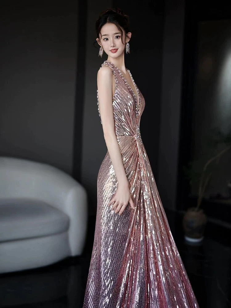 Unique Mermaid Halter Pink Sequin With Beads Date Night Outfits Semi Formal Prom Wedding Guest Dresses RB5348