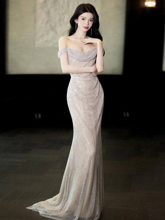 Sparkly Mermaid Off The Shoulder Champagne Sequin Date Night Outfits Semi Formal Prom Wedding Guest Dresses RB5349