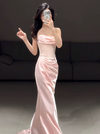 Modest Mermaid Strapless Pink With Beads Date Night Evening Outfit Formal Prom Dresses RB5350