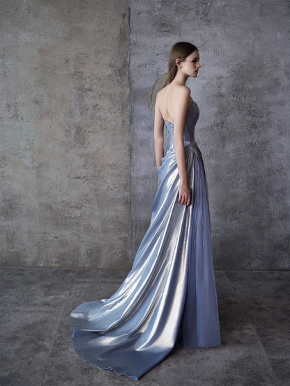 Modest Mermaid Strapless Dusty Blue Satin Tulle With Beads Date Night Evening Outfit Formal Prom Dresses RB5352