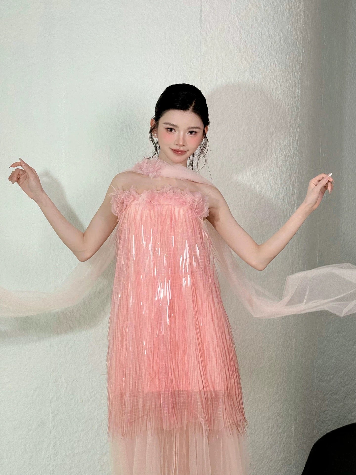 Beautiful A line Strapless Pink Sequin With Scarf Date Night Outfits Semi Formal Prom Gown Evening Dresses RB5353