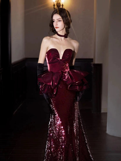Sparkly Mermaid Sweetheart Burgundy Sequin With Gloves Date Night Outfits Semi Formal Prom Gown Evening Dresses RB5355