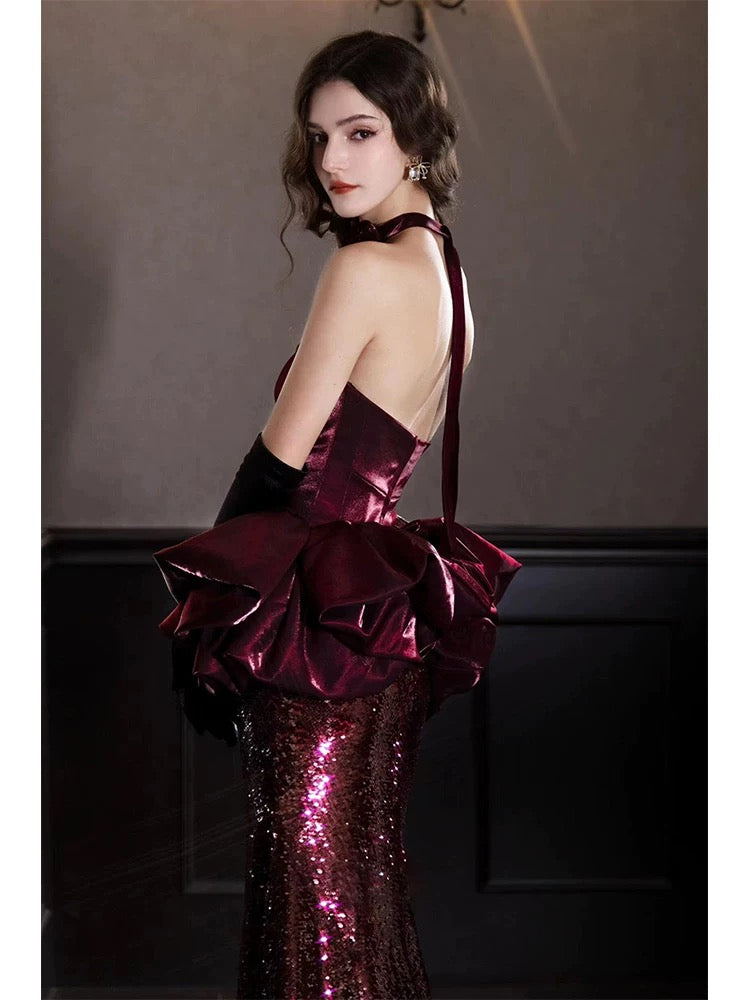 Sparkly Mermaid Sweetheart Burgundy Sequin With Gloves Date Night Outfits Semi Formal Prom Gown Evening Dresses RB5355