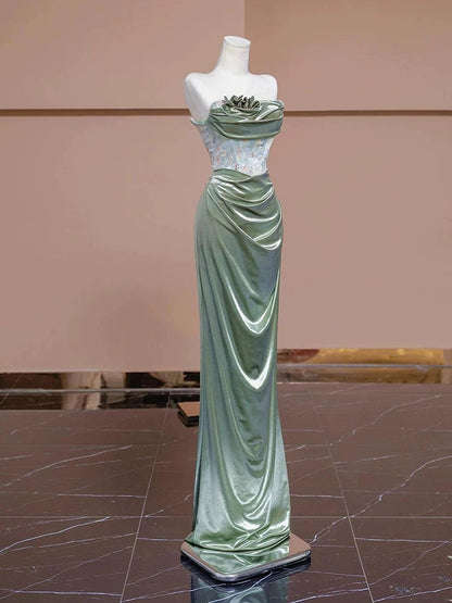 Modest Mermaid Strapless Mint Green Satin With Ruffled Date Night Evening Outfit Formal Prom Dresses RB5356