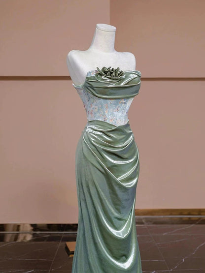 Modest Mermaid Strapless Mint Green Satin With Ruffled Date Night Evening Outfit Formal Prom Dresses RB5356