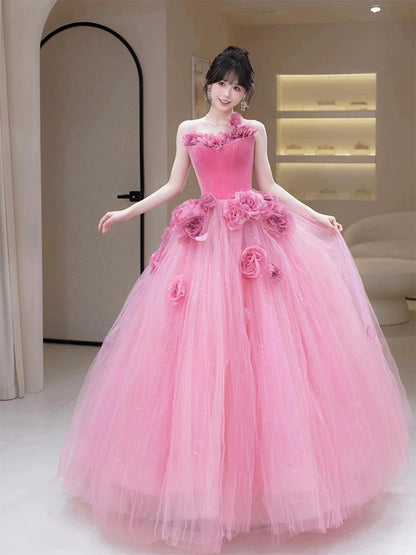 Princess Ball Gown Strapless Pink Tulle With 3D Flowers Date Night Evening Outfit Formal Prom Dresses RB5357