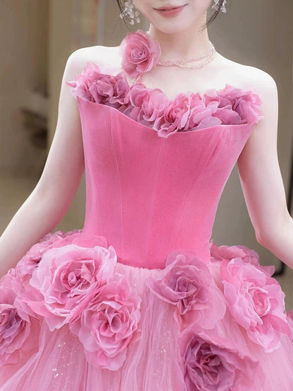 Princess Ball Gown Strapless Pink Tulle With 3D Flowers Date Night Evening Outfit Formal Prom Dresses RB5357