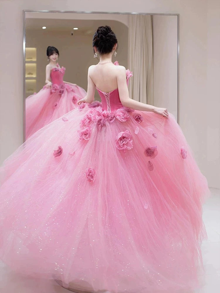 Princess Ball Gown Strapless Pink Tulle With 3D Flowers Date Night Evening Outfit Formal Prom Dresses RB5357