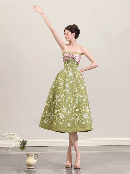 Cute A line Strapless Green Satin Date Night Outfits Semi Formal Prom Wedding Guest Dresses RB5358