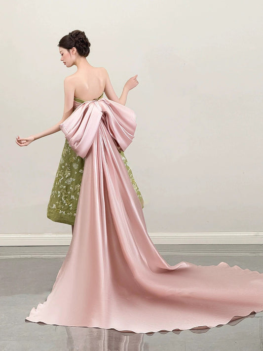 Cute A line Strapless Green Satin Date Night Outfits Semi Formal Prom Wedding Guest Dresses RB5358