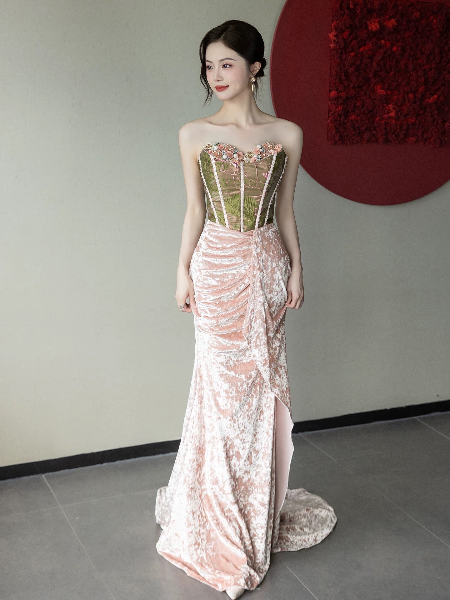 Cute Mermaid Sweetheart Pink Velvet With Scarf Date Night Outfits Semi Formal Prom Wedding Guest Dresses RB5359