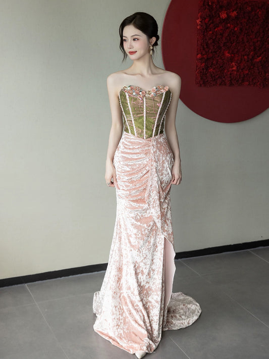 Cute Mermaid Sweetheart Pink Velvet With Scarf Date Night Outfits Semi Formal Prom Wedding Guest Dresses RB5359