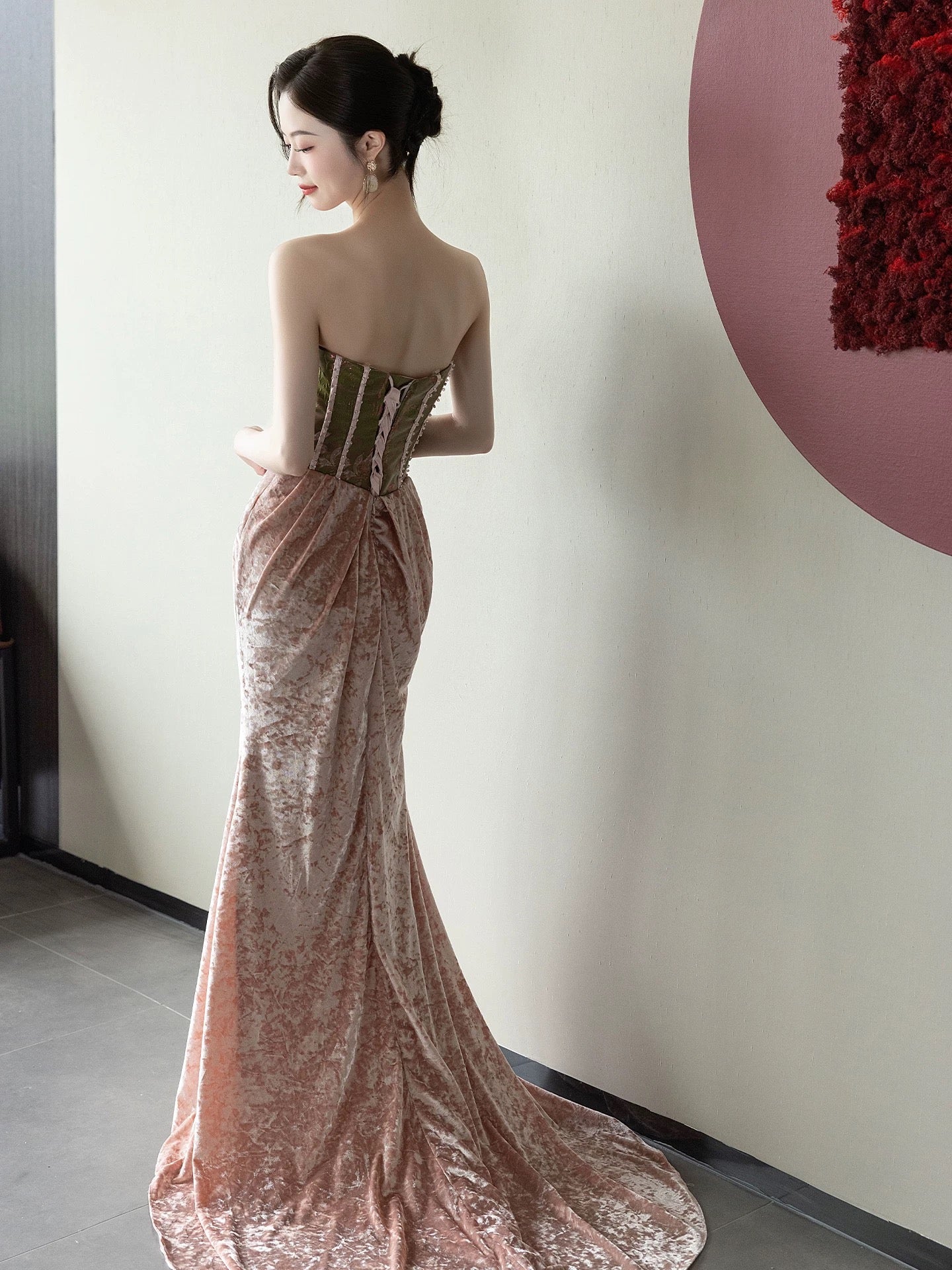 Cute Mermaid Sweetheart Pink Velvet With Scarf Date Night Outfits Semi Formal Prom Wedding Guest Dresses RB5359